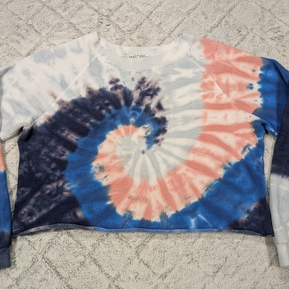 Wildfox Sweatshirt Women's S Blue Red Tie Dye Swirl Crew Neck Crop Cotton LA - Picture 2 of 7